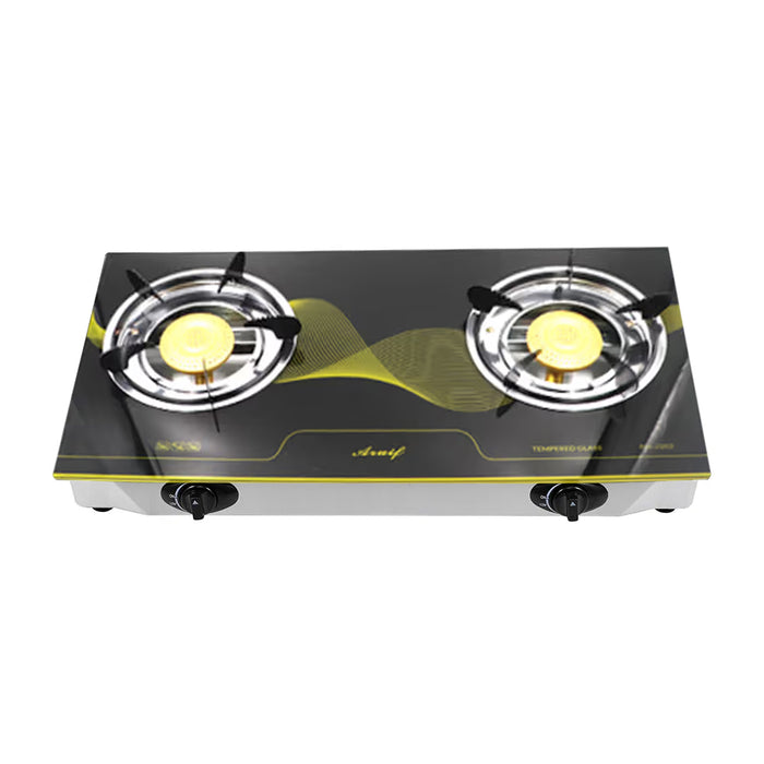 Aruif Two Burner Auto Ignition Gas Stove – Toughened Glass Top & Whirlwind Burners