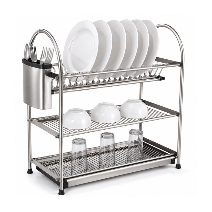 3-Tier Stainless Steel Dish Drying Rack Kitchen Storage Stand - Silver