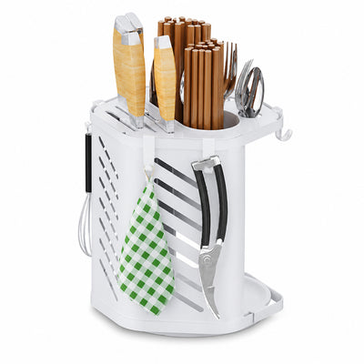 Metal Cutlery and Knife Holder with Drain Tray & Side Hooks - White
