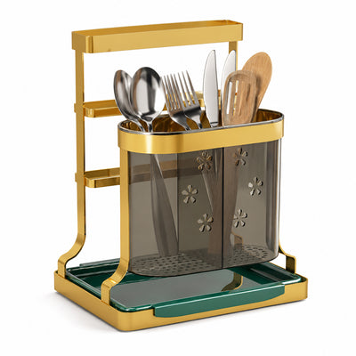 Gold Cutlery Holder with Drip Tray for Kitchen Counter
