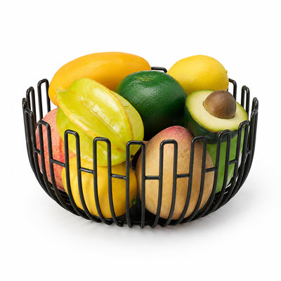 Round Open Wire Fruit Basket Bowl for Kitchen Counter - Black