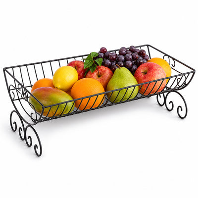 Decorative Rectangular Metal Fruit Basket with Scroll Feet - Black