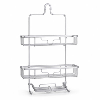 2-Tier Aluminium Hanging Shower Caddy with Soap Tray & Hooks - Silver