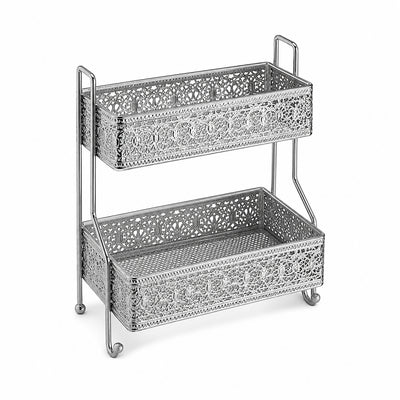 2-Tier Decorative Iron Storage Rack for Bathroom, Kitchen & Vanity - Silver