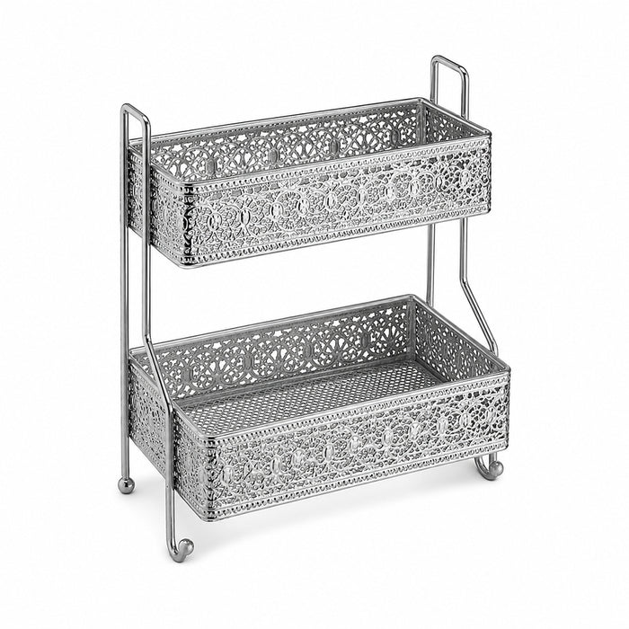 2-Tier Decorative Iron Storage Rack for Bathroom, Kitchen & Vanity - Silver