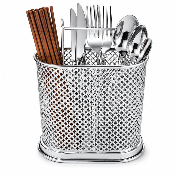 Silver Steel Cutlery Holder with Drain Holes for Spoons, Forks & Chopsticks