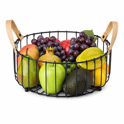 Round Metal Fruit Basket with Wooden Handles - Black