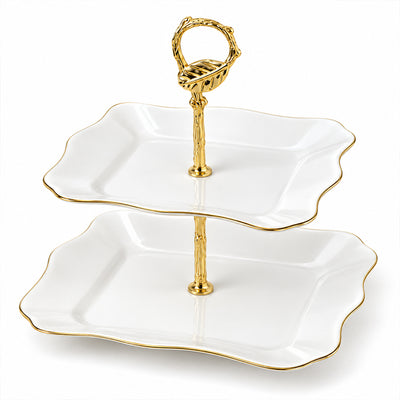 2-Tier Opal Glass Dessert Serving Stand with Gold Rim - 12 Inch