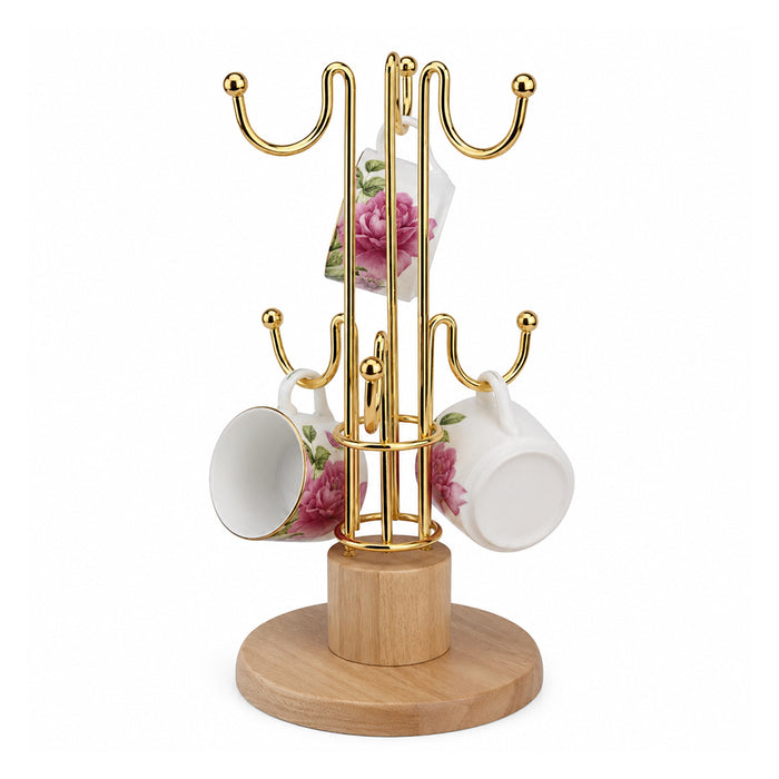 Gold Mug Holder Tree Stand with Wooden Base for Coffee Cups