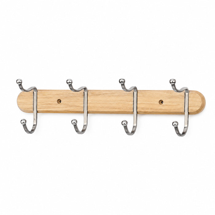 Wood & Chrome 4-Hook Wall Coat Rack for Keys, Bags & Towels