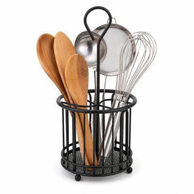 Black Steel Kitchen Utensil Holder with Drain Base for Cooking Tools