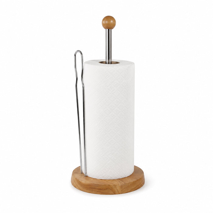 Wooden Countertop Paper Towel Holder with Chrome Rod & Side Support