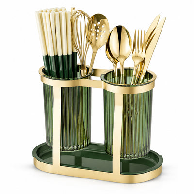 Twin Cup Cutlery and Utensil Holder with Drip Tray - Gold & Green