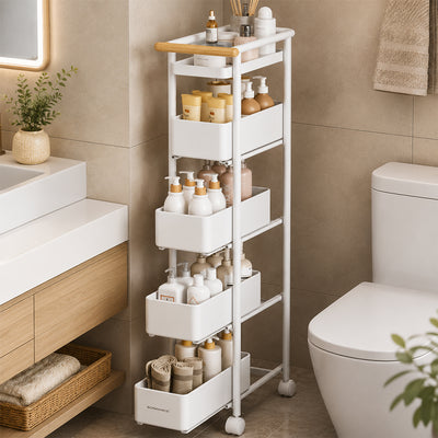 5-Tier Slim Rolling Storage Trolley with Baskets for Bathroom & Kitchen