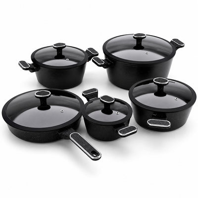 10 Pieces Premium Speckled Non-Stick Cookware Set with Glass Lids - Black