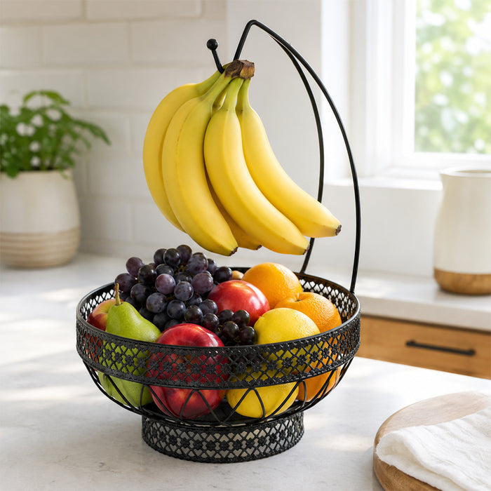Decorative Countertop Fruit Basket with Banana Hanger - Black