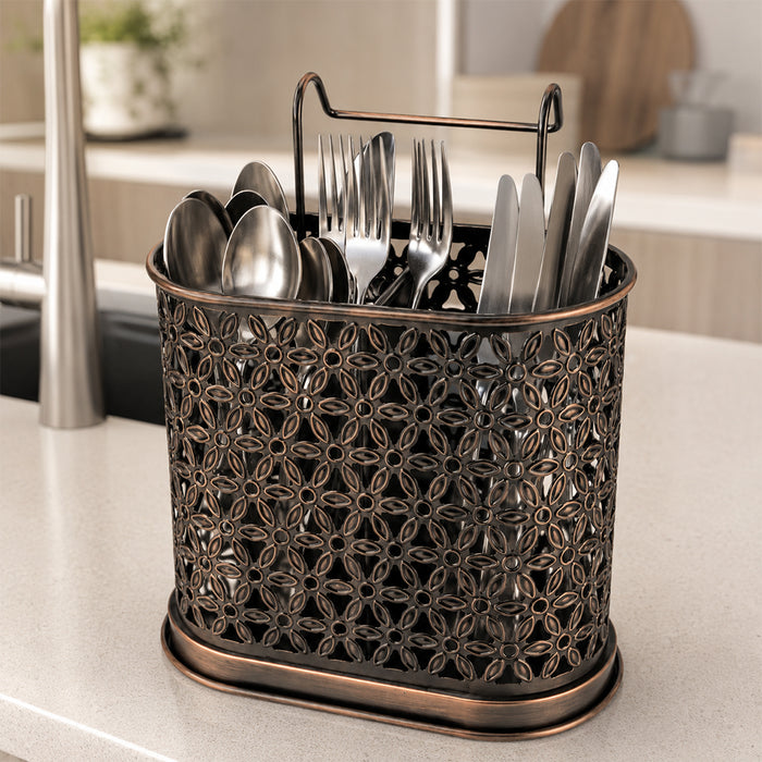 Decorative Steel Cutlery Holder with Handle - Bronze Kitchen Utensil Organizer