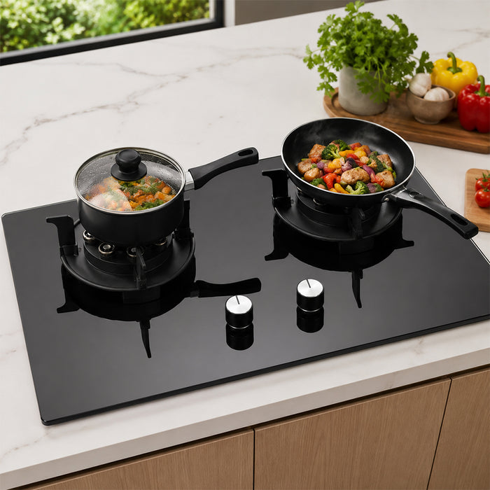 XMY 2-Burner Tempered Glass Built-In LPG Gas Hob - Black