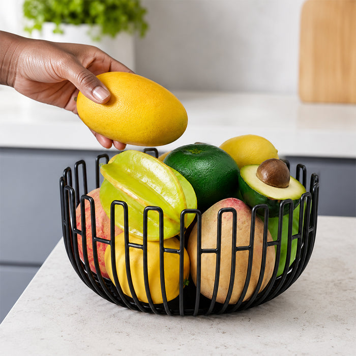 Round Open Wire Fruit Basket Bowl for Kitchen Counter - Black