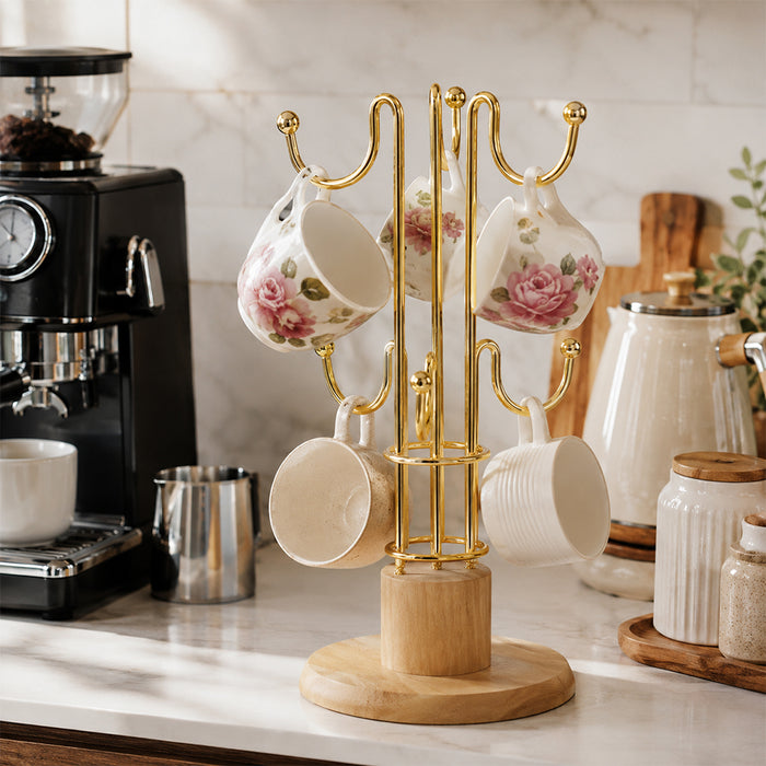Gold Mug Holder Tree Stand with Wooden Base for Coffee Cups