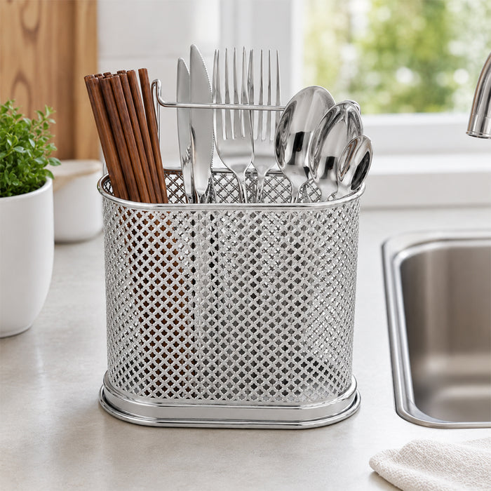 Silver Steel Cutlery Holder with Drain Holes for Spoons, Forks & Chopsticks