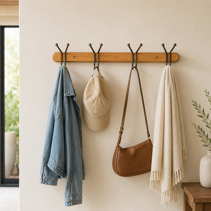 Wood & Iron 4-Hook Wall Coat Rack for Keys, Bags & Towels