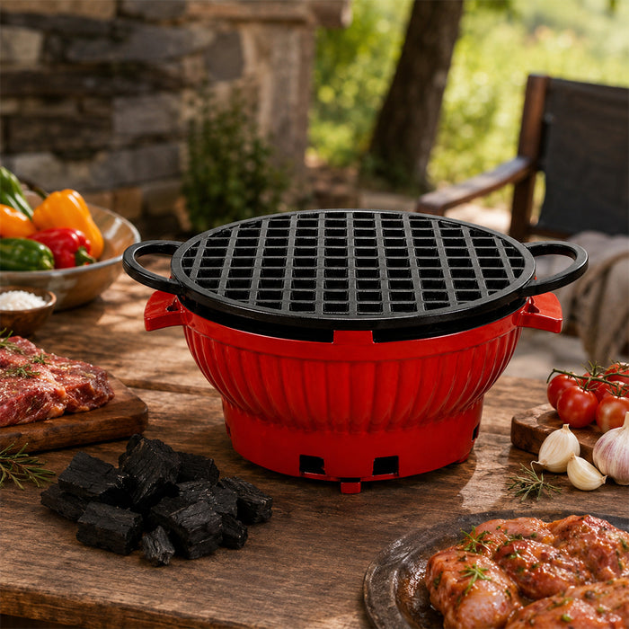 26cm Cast Iron Enamel Charcoal Grill Furnace with Grate - Red