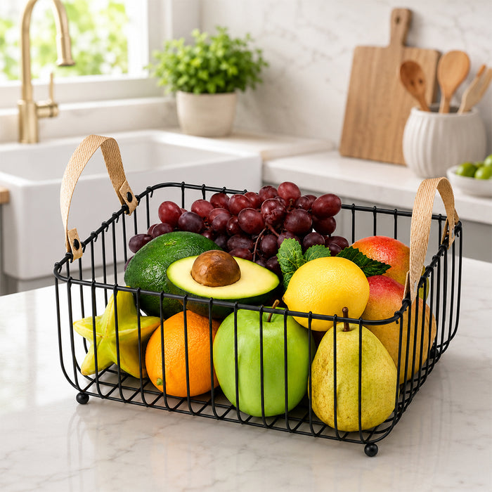 Rectangular Metal Fruit Basket with Wooden Handles - Black