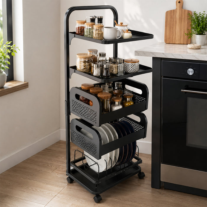 Iron Rolling Trolley Storage Rack with Dish Holder Bottom Tray - Black