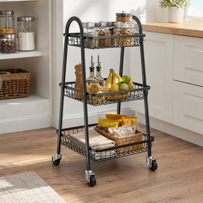 3-Tier Steel Rolling Storage Cart with Wheels – Multi-Purpose Kitchen Utility Trolley - Black