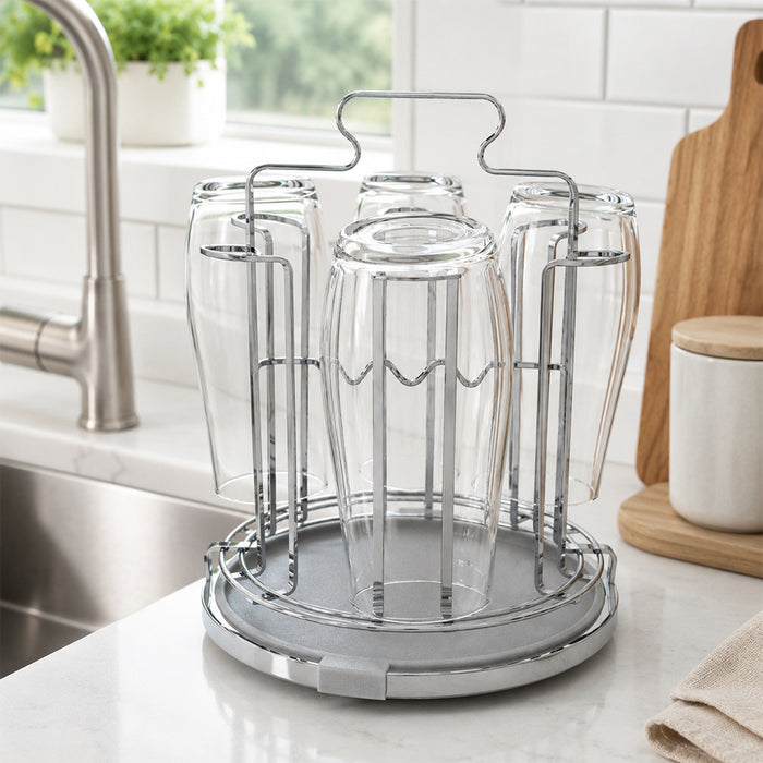 Round Stainless Steel Cup Drying Rack with Drip Tray for Glasses & Mugs