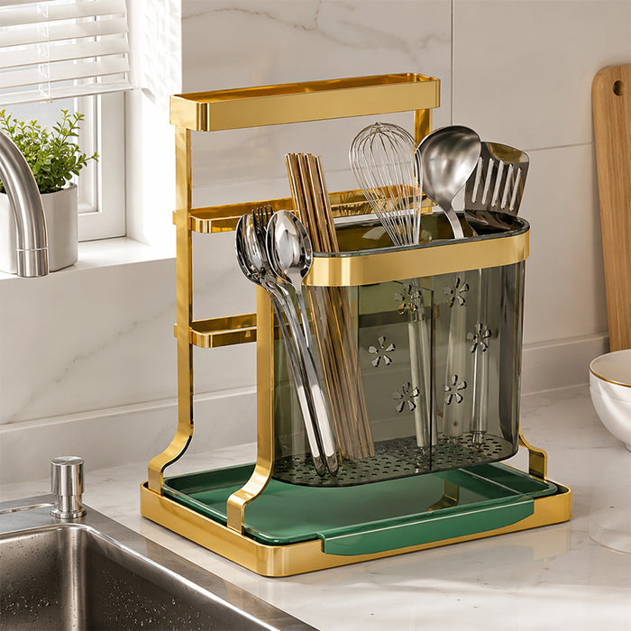 Gold Cutlery Holder with Drip Tray for Kitchen Counter