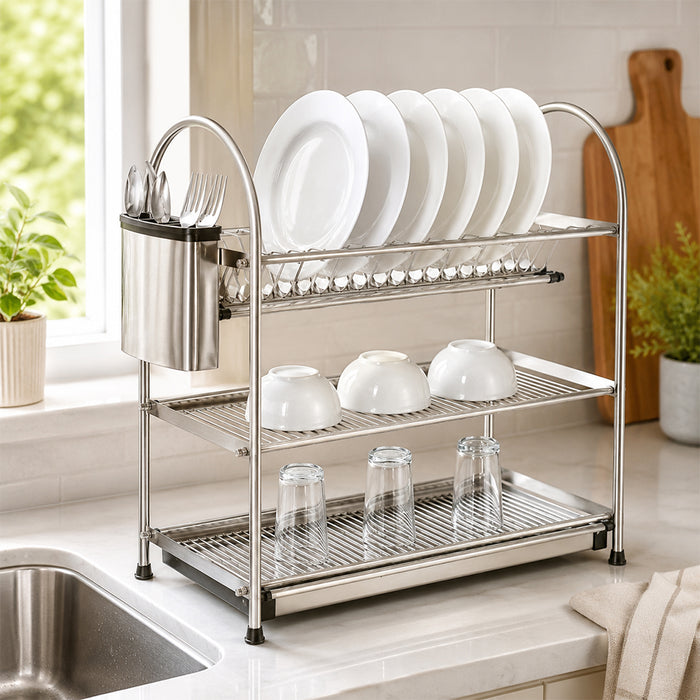 3-Tier Stainless Steel Dish Drying Rack Kitchen Storage Stand - Silver