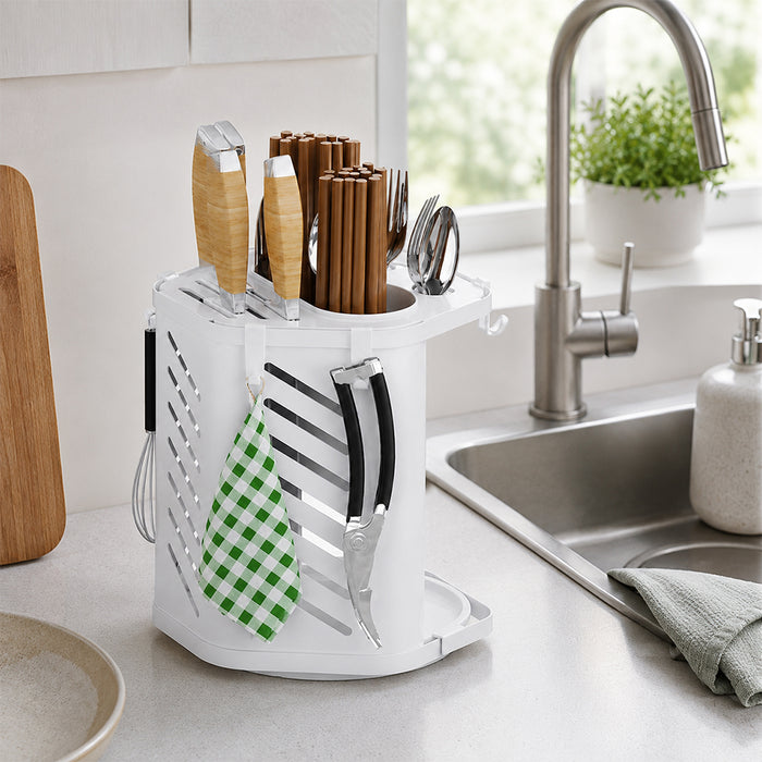 Metal Cutlery and Knife Holder with Drain Tray & Side Hooks - White
