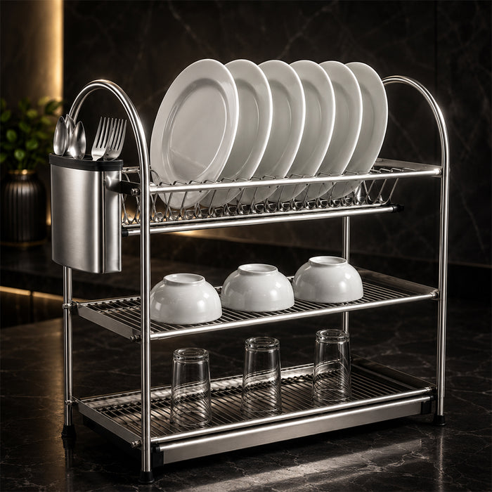 3-Tier Stainless Steel Dish Drying Rack Kitchen Storage Stand - Silver