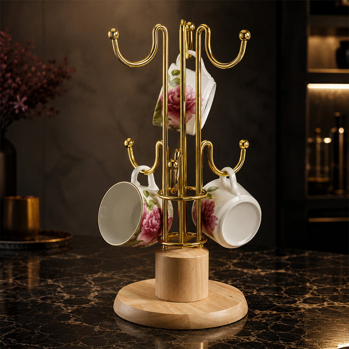 Gold Mug Holder Tree Stand with Wooden Base for Coffee Cups