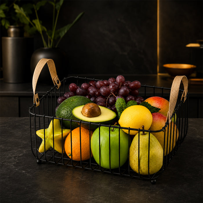 Rectangular Metal Fruit Basket with Wooden Handles - Black