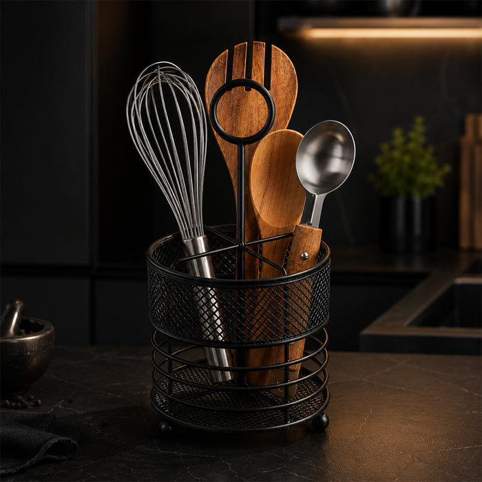 Steel Kitchen Utensil Holder with Mesh Drain Base for Cooking Tools - Black