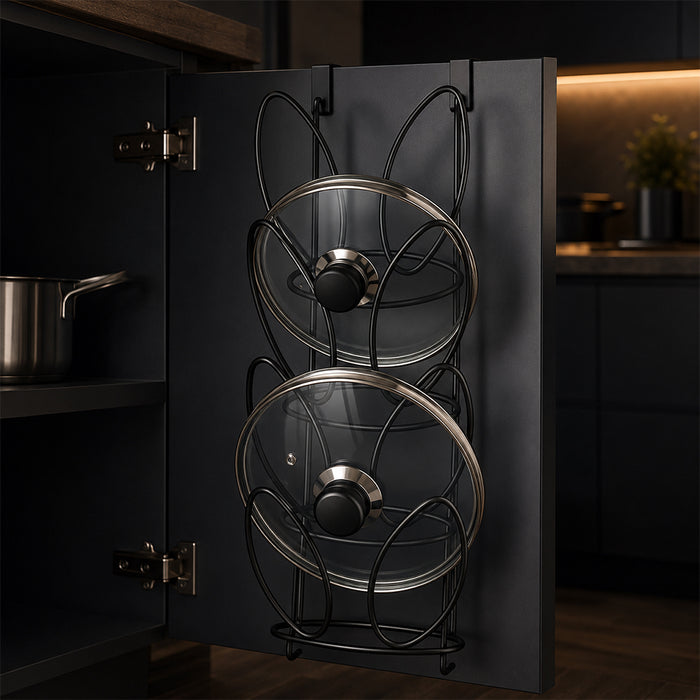 Over-Cabinet Pot Lid Holder Rack for Kitchen Cabinet Door - Black