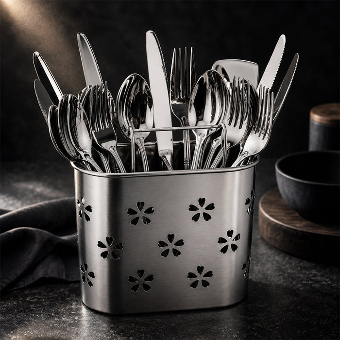 Stainless Steel Cutlery Holder with Drain Holes for Spoons, Forks & Chopsticks