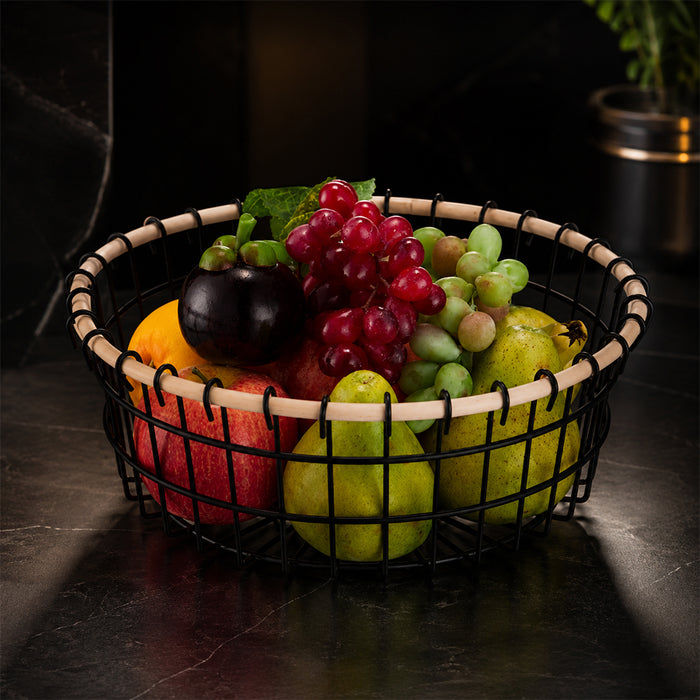 Round Black Metal Fruit Basket with Wooden Rim for Kitchen Counter