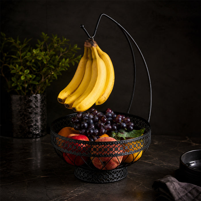 Decorative Countertop Fruit Basket with Banana Hanger - Black