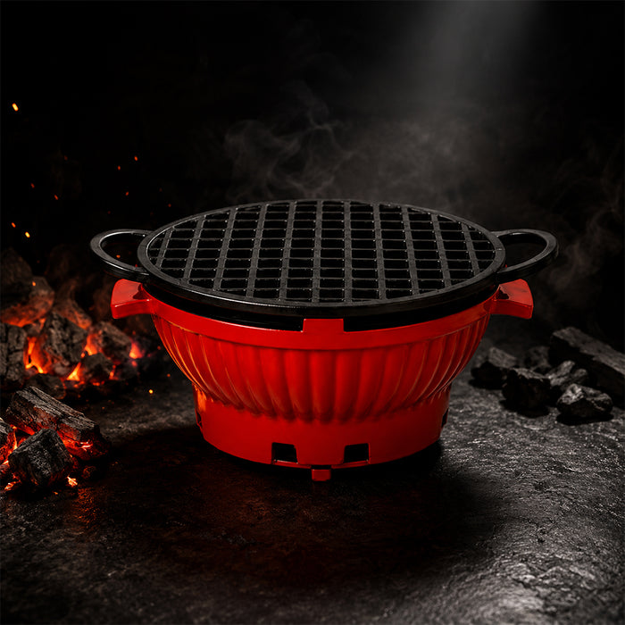 26cm Cast Iron Enamel Charcoal Grill Furnace with Grate - Red