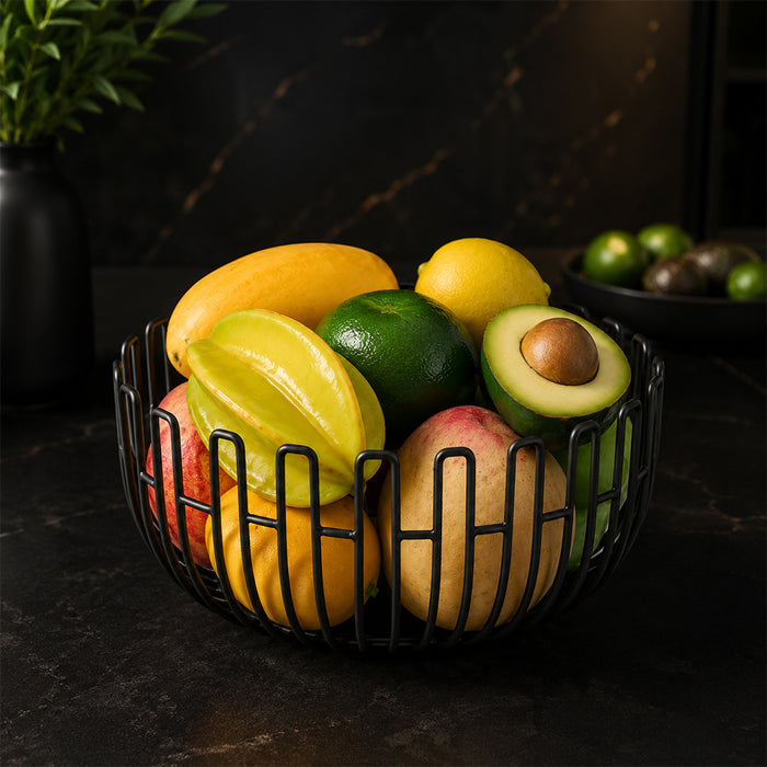 Round Open Wire Fruit Basket Bowl for Kitchen Counter - Black