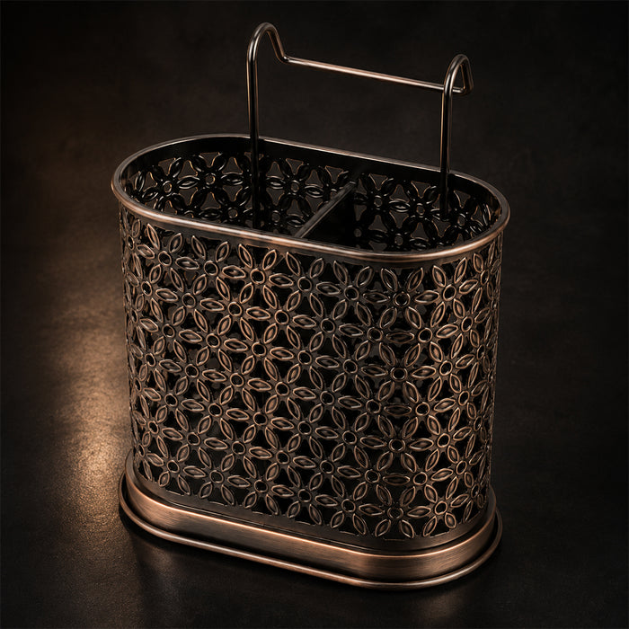 Decorative Steel Cutlery Holder with Handle - Bronze Kitchen Utensil Organizer