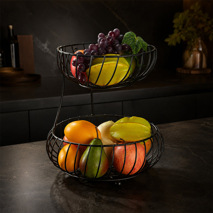2-Tier Round Fruit Basket Stand for Kitchen Countertop - Black