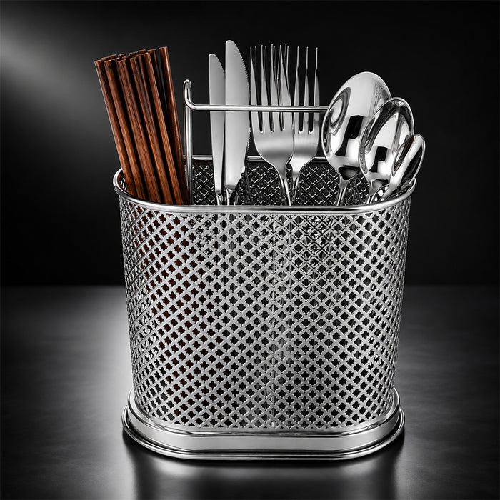 Silver Steel Cutlery Holder with Drain Holes for Spoons, Forks & Chopsticks