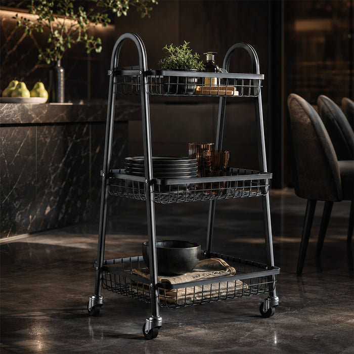 3-Tier Steel Rolling Storage Cart with Wheels – Multi-Purpose Kitchen Utility Trolley - Black