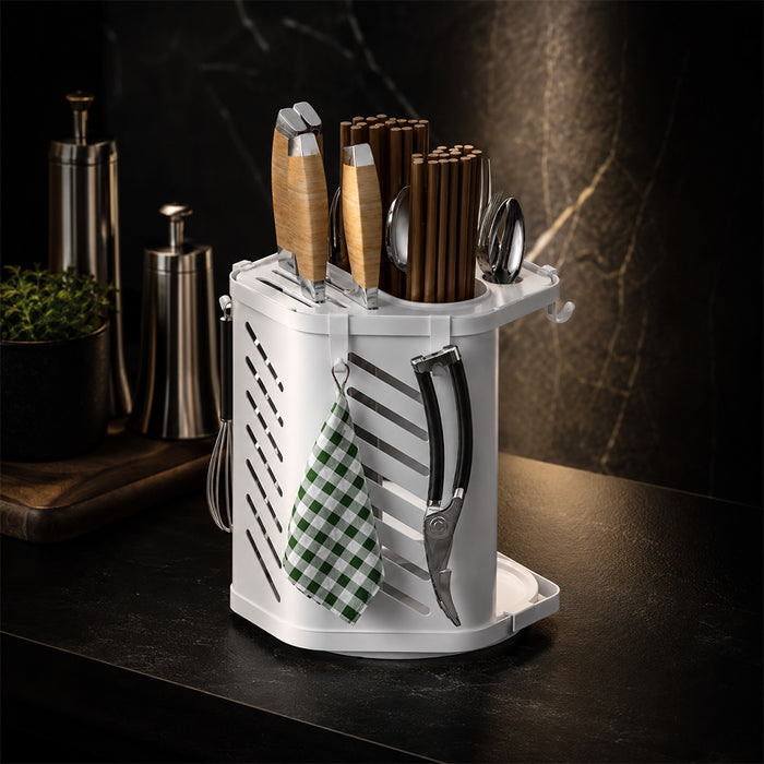 Metal Cutlery and Knife Holder with Drain Tray & Side Hooks - White