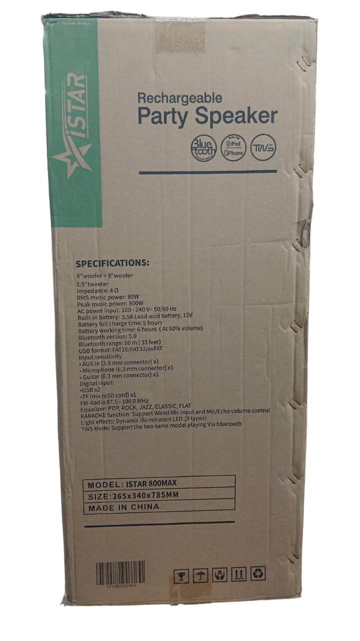 ISTAR Wireless Rechargeable Party Speaker 80W + 8" Dual Woofer